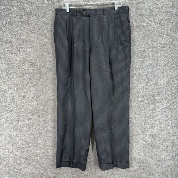 Ralph Lauren Dress Pants Men 36*30 Black Striped Mid Rise Pleated Cuffed Wool - Picture 1 of 7